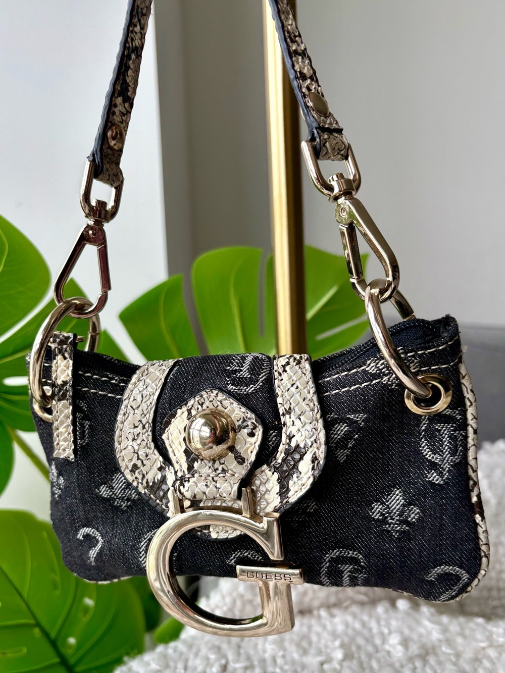Vintage Y2K Guess Gabrielle Mini Bag Monogram Denim McBling Micro Baguette